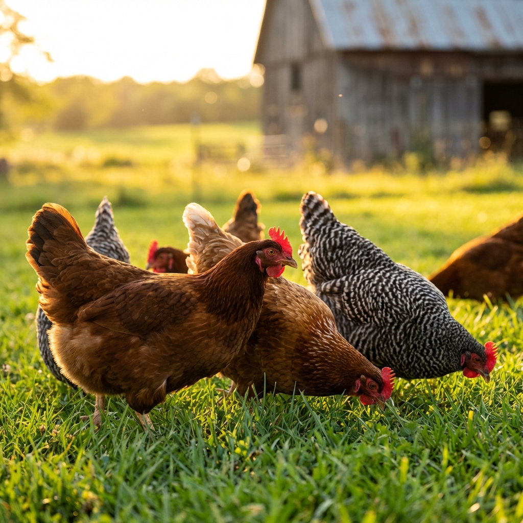 Heritage chickens foraging on pasture