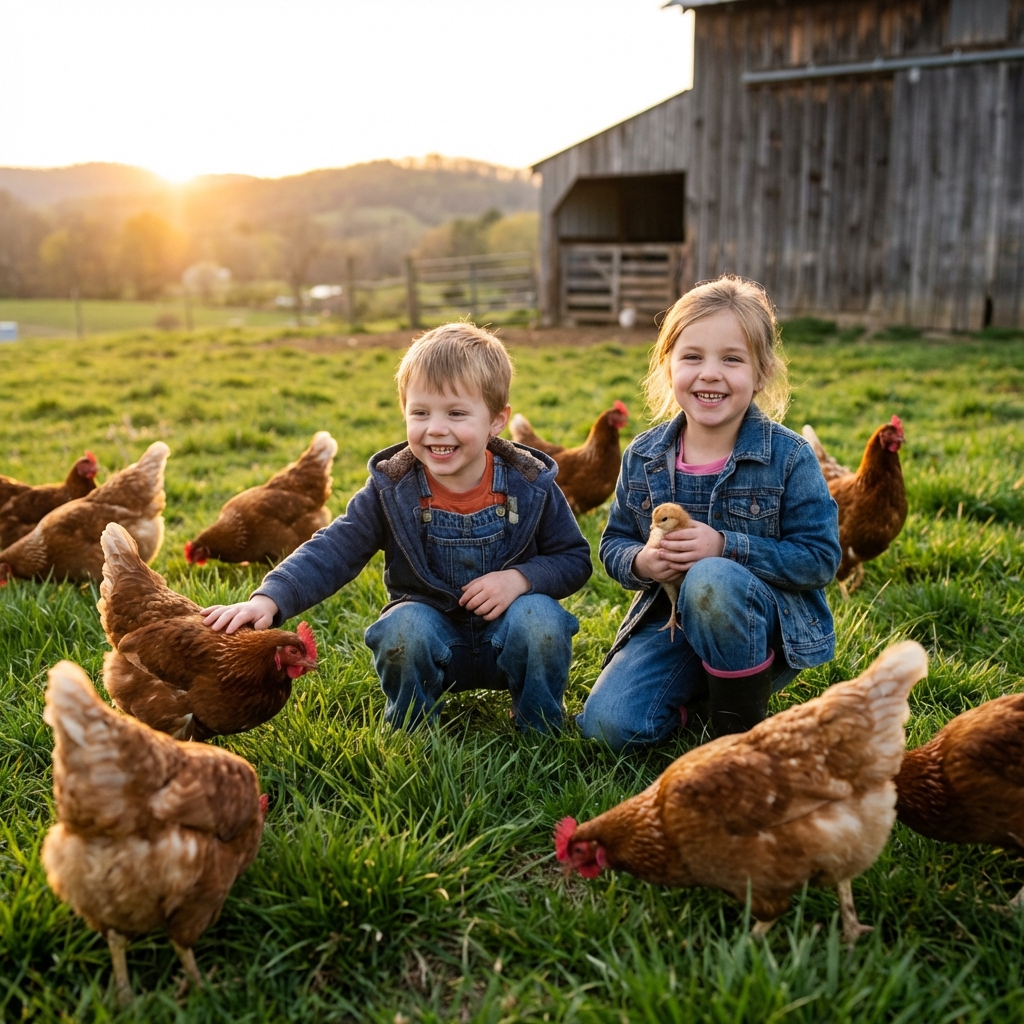 Children with chickens in a field
